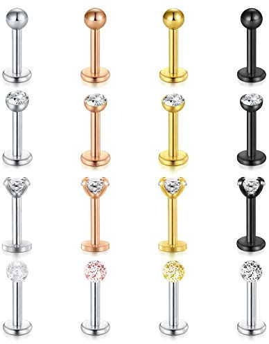Mayhoop 16Piezas 16G Piercing Labio Labret Oreja Acero Inoxidable Zircón Anillo de Labios Tragus Helix Daith Studs Mujer Hombre Joyería de Piercing 6mm