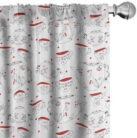 Ambesonne Tea Party Window Curtains, Doodle Style Crockery Illustration of Floral Patterned Kettles and Cups, Lightweight Decor 2-Panel Set with Rod Pocket, Pair of - 28 x 95, Red Black White