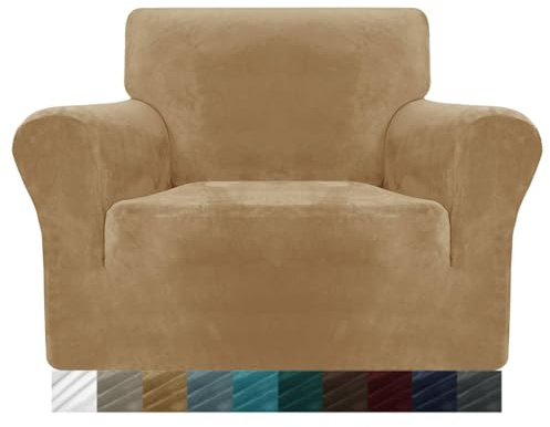 MAXIJIN Dicke Samt Stuhlhussen für Sessel Stretch rutschfeste Sofabezug 1-Sitzer Hunde Katze Haustier Wohnzimmer 1-teiliger Couch Protector Stuhl Schonbezug (1 Sitzer, Kamel)