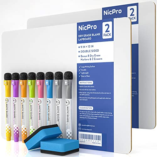 Nicpro 2 Stück Whiteboard Klein A4, Doppelseitiges Desktop Schreibtafel mit 8 Bunte Stifte, Schwamm, tragbares Mini Whiteboard für Schüler, Klassenzimmer, Schulmaterial, Lernen (22 x 30 cm)