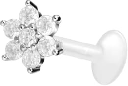 PIERCINGLINE PTFE Labret mit Gewinde TITAN AUFSATZ KRISTALLBLUME Piercing Lippe Nase Ohr Helix Silberfarben 1,2 x 9 mm