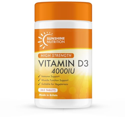 Vitamin D Tablets - Maximum High Strength D3 4000IU - One a Day - 365 Days Supply, Easy to Swallow (Adults D3 Tablets) by Sunshine Nutrition. Made in UK.