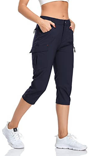 GymBrave Pantalon cargo de randonnée pour femme, capris d’extérieur à séchage rapide pour le camping, résistants à l’eau, avec protection UPF 50 et poches à fermeture éclair, Bleu marine XL