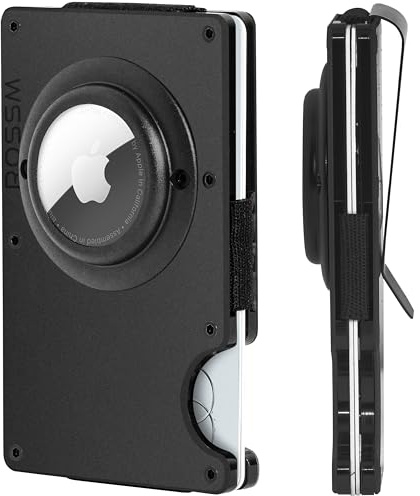 ROSSM Minimalistisk smal plånbok med RFID-blockerande framficka i kolfiber för män, med sedelklämma och silverrem, Airtag - matt svart, Airtag, Modern