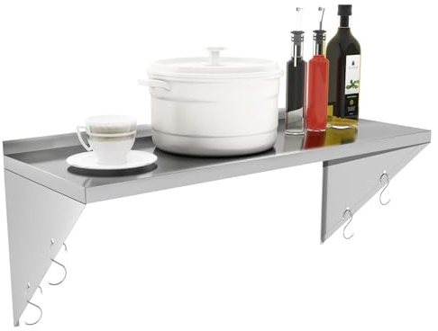 MOOTACO Stainless Steel Shelf,120x30cm Commercial Wall Shelf With 5 Hooks | Kitchen Shelf for Restaurant, Bar, Home, Kitchen, Laundry Use