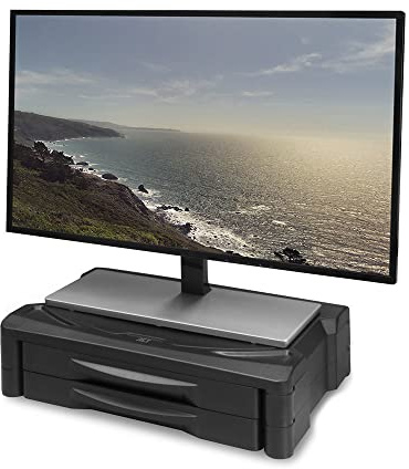 ACT Supporto per monitor con 2 cassetti, formato A4, altezza regolabile, per scrivania, schermo max. 32, peso max. 10 kg, piedini in gomma antiscivolo per una maggiore stabilità - AC8215, nero