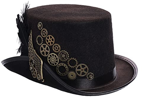 BPURB Unisex Steampunk Zylinder Halloween Hut Damen Herren Gotisch Schwarz Feder Getriebe Hüte Kopfbedeckung Kostüm Zubehör