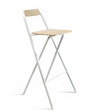 THE SECRET HOME - Pack de 1,2 y 4 Taburetes Altos con Respaldo- Asiento Plegable de Metal y Madera - Ideal para Cocina (1, Madera Clara/Blanco, 49x97x47cm)