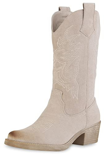 VAN HILL Damen Cowboystiefel Stiefel Spitze Stickereien Schuhe Holzoptikabsatz Western Boots Veloursleder-Optik Freizeitschuhe 212233 Beige Velours 37