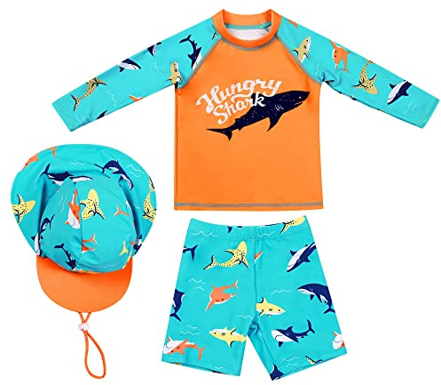 SEAUR Barn pojkar badbyxor simskjorta långärmad UV-skydd badset med solhatt Rash Guard 3-delad baddräkt, A07# 3 delar # haj orange, 120 cm