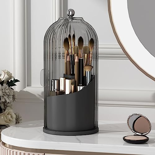 YOOLENS Make-up-Pinselhalter mit Deckel, um 360 Grad drehbar, transparent, staubdicht, Make-up-Organizer für Schminktisch, Badezimmer, Arbeitsplatte, Schwarz