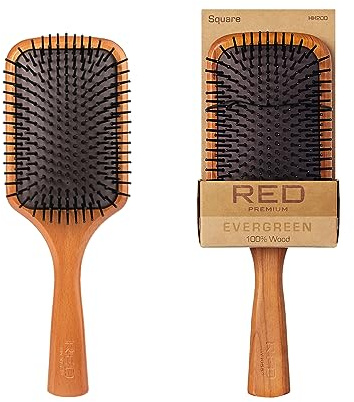 Red by Kiss Evergreen Wooden Square Paddle Hair Brush, 100% Beechwood, Long Bristles, Detangling, For All Hair Types, Sustainable, Painless Detangling, Air Ventilation Hole, Wet Dry Hair, Unisex