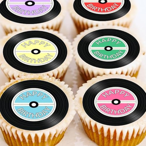 Vinyl Record Happy Birthday Cupcake Toppers - Edible Wafer of Icing - Pre-Cut - 4cm x 24 - LP Cake Decorations (Edibke Icing)