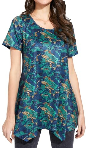 Enmain Dam tunika toppar kortärmad vardaglig dam tunika blommigt tryckt långblusar t-shirt rund hals stretch bekväm S-3XL, P- Marinblå, XXL