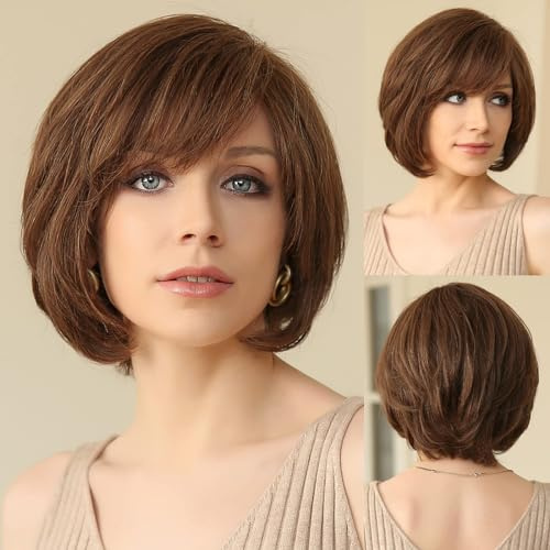 EMMOR Handgebundene Lace-Front-Perücke, 100% Echthaarperücke für Frauen, natürlich gestuft, gewellter unterschiedlicher Stil für weiße Frauen (Braun#)