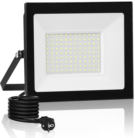 100W LED Strahler Außen mit Stecker & 3M Kabel, 3000K Warmweiß LED Scheinwerfer, 10000LM Superhell Fluter Flutlichtstrahler, IP66 Wasserdicht Außenstrahler, Aussenstrahler für Hof Garten Garage