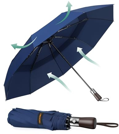 TECKNET Regenschirm, Automatik-Faltschirm, leicht und robust Taschenschirm sturmfest, leicht zu öffnen und zu schließen, hervorragende Stabilität Geeignet für regnerische und verschneite Tage-Blau