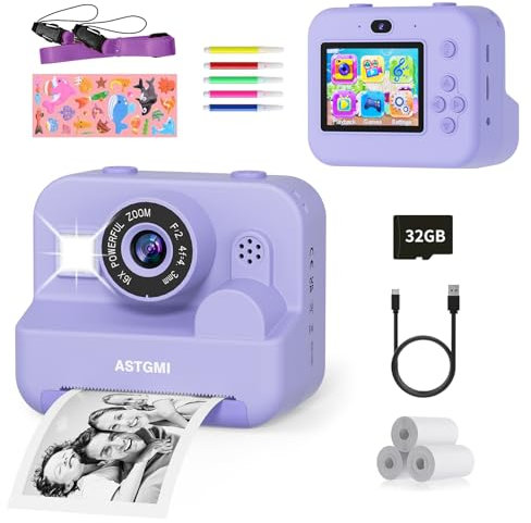 Appareil Photo Enfant, Appareil Photo Instantané 2.4 Écran avec Papier d'impression et Carte 32GB, Mode Video et Selfie, Jouet Cadeau pour Filles Garçons Enfant de 3-14 Ans(Violet)