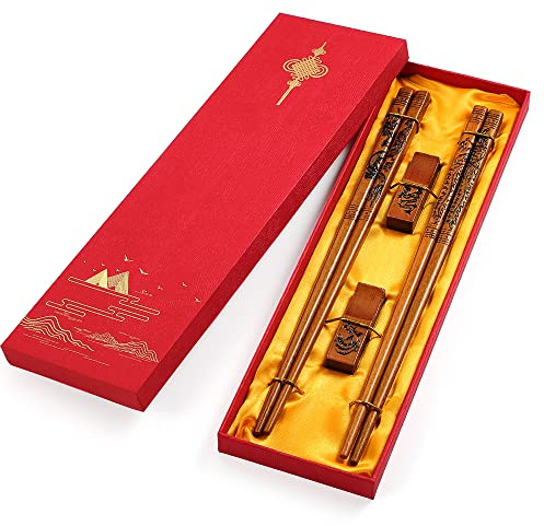 Essstäbchen, wiederverwendbar, Drache und Phönix, Essstäbchen-Set, chinesischer Stil, natürliches Holz, Geschenk-Set (2 Paar)