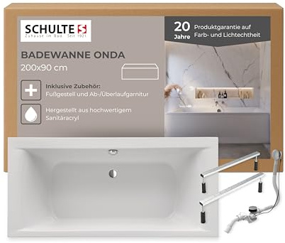 Schulte Badewanne Onda 200x90 cm, Set inkl. Fußgestell und Ablauf, aus hochwertigem Acryl in Weiß glänzend