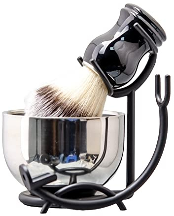 Grandslam 3 en 1 Set de Rasage, Kit de Rasage Barbier Comprenant un Blaireau de Rasage, un Bol de Rasage en Acier Inoxydable et Support Rasoir, Meilleur Cadeau pour père, mari (Noir-1)