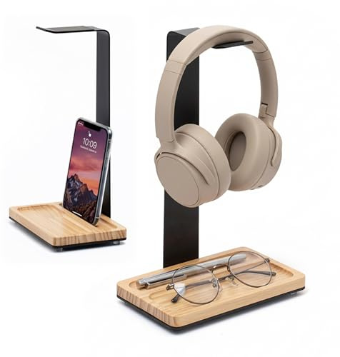 LIBKEN Wooden Headphone Stand with Storage Tray – Rubberwood & Metal Headset Holder with Anti-Slip Base, Scandinavian Desk Headphone Stand for Organizing Headphones, Phone, Keys & Accessories