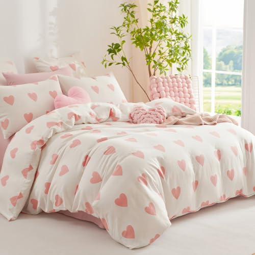 Nayoroom Bettwäsche 140x200 Musellin Weiß mit Rosa Herzen Baumwolle Musellin Bettbezug 2teilig Rot Weiss Herzchen Aesthetic Cute Kawaii Bettwäsche Set und Kissenbezug 70x90 cm mit Reißverschluss