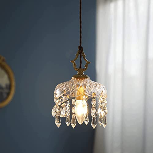 BLOOHK Crystal Pendant Light, Vintage Brass Hanging Lamp With Ornate Cut Glass Shade & Crystal Prisms, Ceiling Light Fixture For Bedroom, Entryway, Hallway, Dining Room