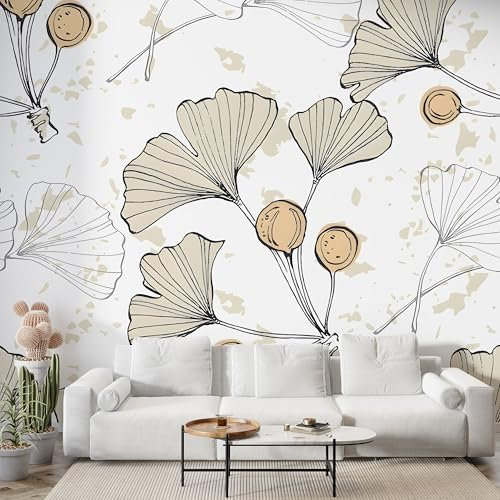 Boceoey Ginkgo Biloba Plant Wall Mural, Self-Adhesive Peel & Stick Wallpaper, Fruit Watercolor Leaves Design Photo Wallpaper for Living Room & Bedroom (250x175 cm), S-918