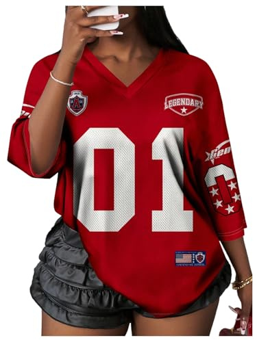 WDIRARA Women's Oversized Jersey Shirts Number Graphic Tee V Neck Half Sleeve T-Shirt Tops Red Large