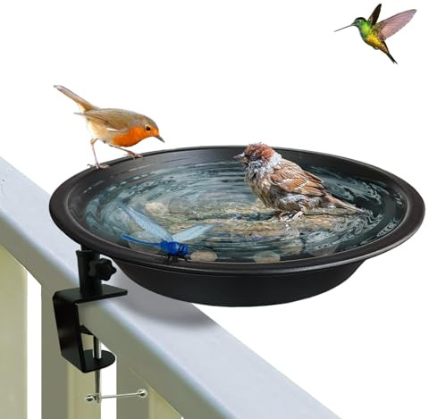 Deck Mounted Bird Bath for Deck Rail & Garden-11.5 Inch Frosted Black,Clamp-On Detachable Bowl with Rust-Proof Bracket,Easy Clean Outdoor Bird Feeder with Magnetic Dragonfly for Patio Lawn Backyard
