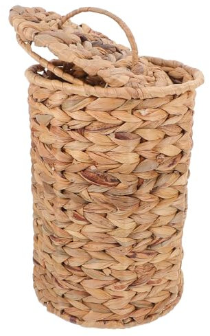 CAXUSD Poubelle Chambre Rotin Tressé Main Avec Couvercle Corbeille Naturelle Herbe Gourde Style Campagne Panier De Rangement Vintage Pour Bureau Salle De Bain