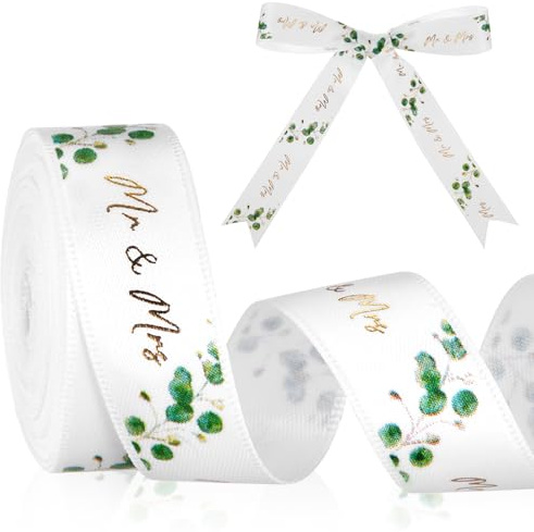 Xinnun Hochzeit Schleifenband 4,5 m x 15 mm | Hochzeitsdeko, Deko Geschenkband, Brautsträuße und Einladungen, DIY, Eukalyptus, Mr & Mrs