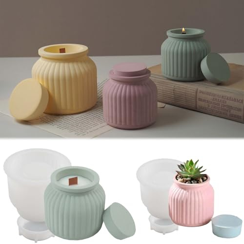 WISIRENT 2 Stück Silikonform mit Deckel, Kerzenform Silikon Kerzenform mit Deckel, Vase Silikonform gestreift, Kerzenhalter für Vorratsbehälter