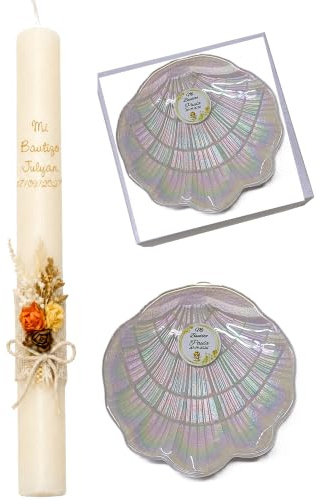 Set Concha de Cristal Iridiscente para Bautizo, Personalizada con Placa de Aluminio + Vela de Bautizo personalizada (SET CONCHA + VELA RUSTICA)