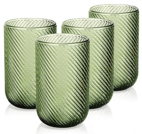 Joeyan Vintage dricksglas, set med 4, 410 ml/14 oz räfflad präglad highball-glas, vattenbehållare, färgade höga glasvaror dryckeskoppar för whisky, cocktail, öl, juice, te, vin, grön