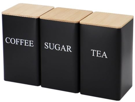 Asyduey 3 Piezas de Latas Selladas de Piezas, Estilo y Simple, Tapa de Bambú, Lata de Té de Hierro, Almacenamiento de Refrigerios, Lata Cuadrada en Grano de Café, Negro