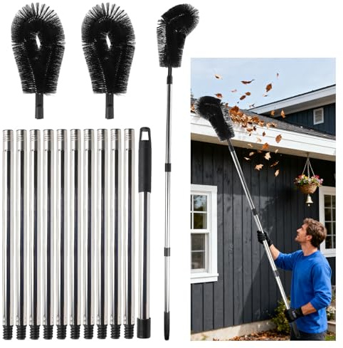 Telescopic Gutter Cleaning Tools,14 FT Extendable Gutter Cleaning Brush with 2 Brush Heads 11 Poles,430CM Roof Gutter Cleaner Equipment Removing Roof Leaves Debris,Black