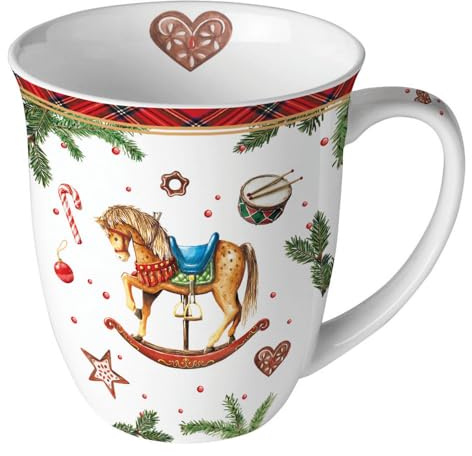 Ambiente Tasse Porzellan 0,4 l Henkelbecher Kaffeetasse Teetasse Weihnachtstasse Schaukelpferd und Zweige