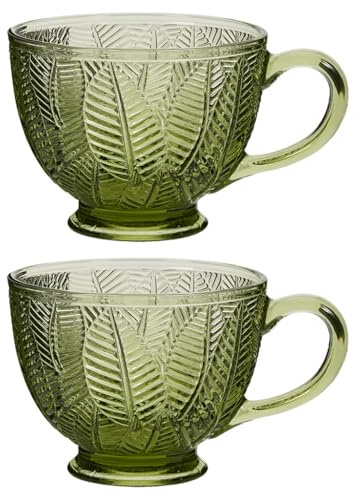 Glass Coffee Mugs Embossed Footed Teacups Leaf Embossed Glasses 400ml (2) | Kitchen Gift, Tea Mug, Coffee Cup, Green, Dishwasher Safe, Hot Chocolate, Mulled Wine, Handles