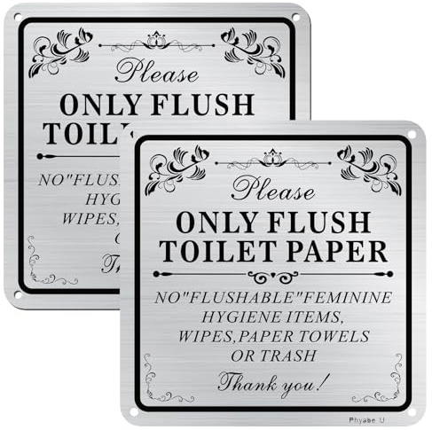 Phyabe 2 Pack Only Flush Toilet Paper Sign Aluminum Self-Adhesive | 15 x 15 cm Silver Do Not Flush Any Products Other Than Toilet Paper Sign For Bathroom Pre-Drilled Holes, Durable, Waterproof