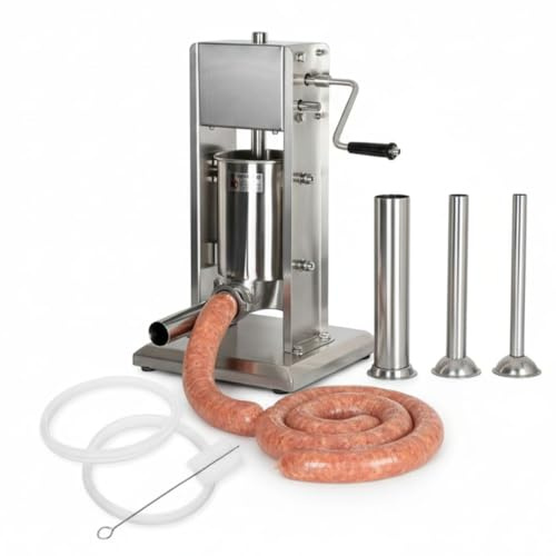 Mucola Wurstfüller Wurstmaschine Edelstahl 7 Liter mit 4 Füllrohren Silber | 2-Gang-Getriebe, ergonomische Handkurbel, Düsen 16-38 mm, inkl. Reinigungsbürste und 2 Ersatzdichtungen, vertikale Bauweise