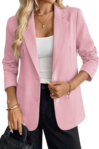 ELLEVEN Business Casual Blazer for Women, Long Sleeve Boyfriend Fit Loose Fit Work Office Suit Jacket Work Lapel Collar Open Front Blazer Suit with Pockets Light Pink Medium
