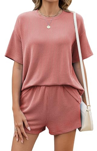 Famulily Women's Ribbed Knit Tracksuit Full Set Summer 2 Piece Pullover Tops and High Waisted Shorts Loungewear Co Ord Sets with Pockets
