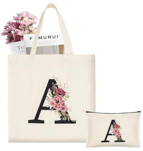 ABOHU Borsa Iniziale Personalizzata, Borsa Tote in Tela con Iniziali, borsa Shopper Donna Tote Bag Shopper Cotone, Cosmetica per Sposa Damigella, Borse in tessuto Donna, Mamma, Amica, Regali