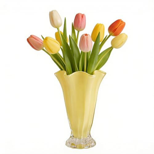 Blumenvase Vase Glas Glasvase für Blumen Glasblumenvase Tischvase Dekovase Bouquet Hydroponic Vasen für Rosen Lilien Glatte Rim Home Decor Office Mittelstück Hochzeit DiningTable (Gelb)