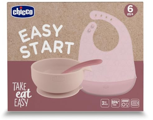 Chicco Lot de 3 bavoirs en silicone pour bébé Easy Start 6 mois + avec ventouse, antidérapant, bavoirs avec poche de récupération et cuillère, doux, 100% silicone de qualité alimentaire, sans BPA