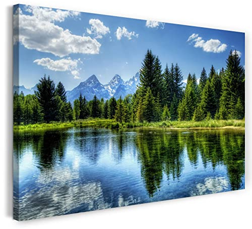 Printed Paintings Leinwand (80x60cm): Landschaftsbilder grüner Wald, dahinter Berge, Spiegelung i