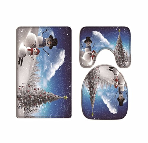 A.Monamour Badezimmer Badematte 3 Teilig Set Weihnachten Urlaub Winter Weiß Schnee Schneemann Wc Sitzbezüge Badematte Teppich Flanell Saugfähig Badteppiche Badvorleger Badgarnitur WC Vorleger