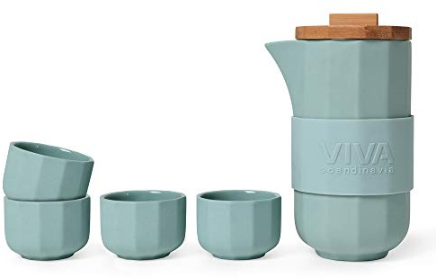 Viva Scandinavia Tetera de diseño con 2 Tazas en un Juego de 4 Piezas de Porcelana Tetera con Tapa de bambú (Color : Turquesa)